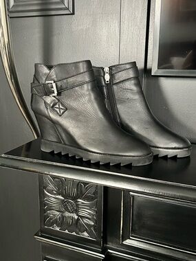 ASH Black Wedge Ankle Boots with Silver Buckle